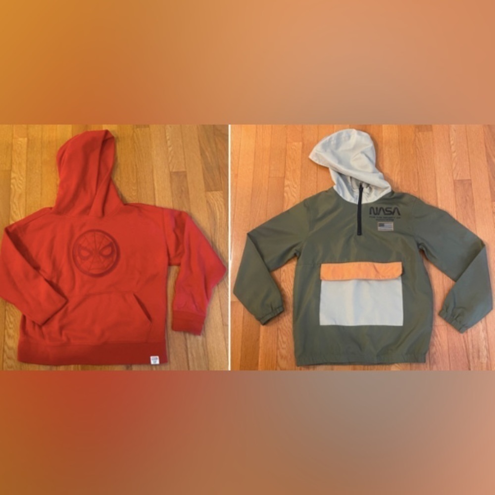 2 HOODIES FOR BACK TO SCHOOL RED EMBOSSED SPIDERMAN & GREEN NASA EUC BOYS 12